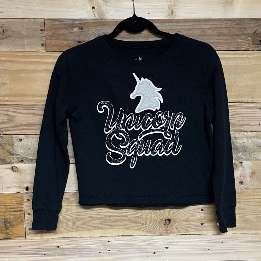 Justice size 10 Black Sparkly Unicorn Squad Soft Boxy Cropped Sweatshirt